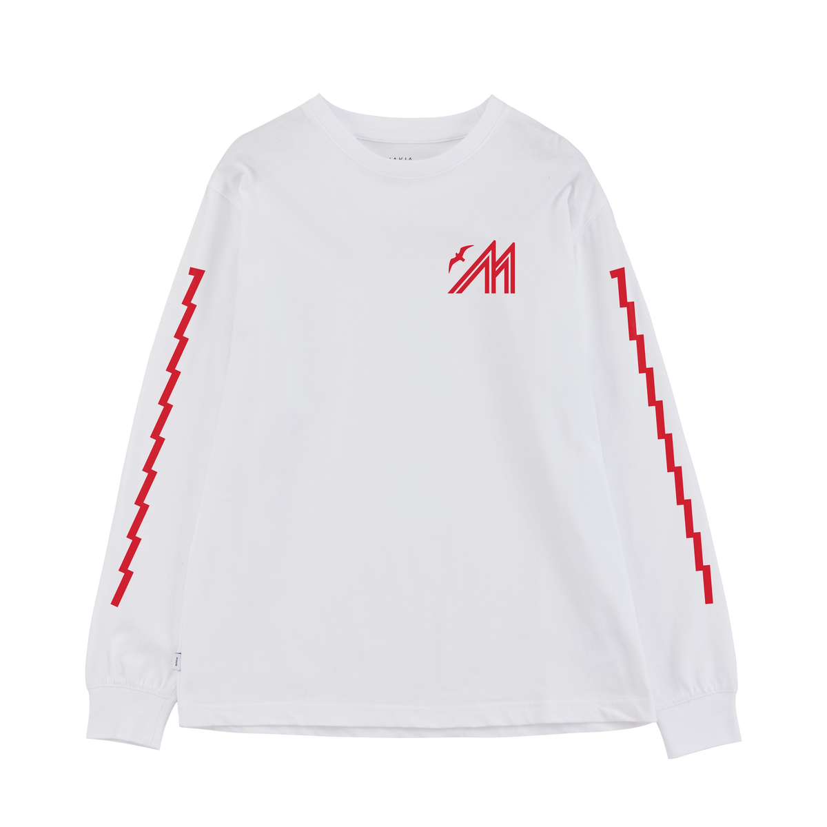 White long sleeve shirt with Merenkävijät print on back in navy and red