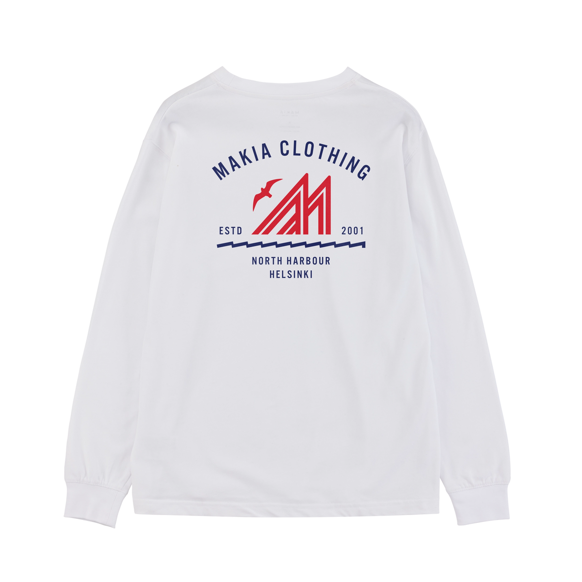 White long sleeve shirt with Merenkävijät print on back in navy and red